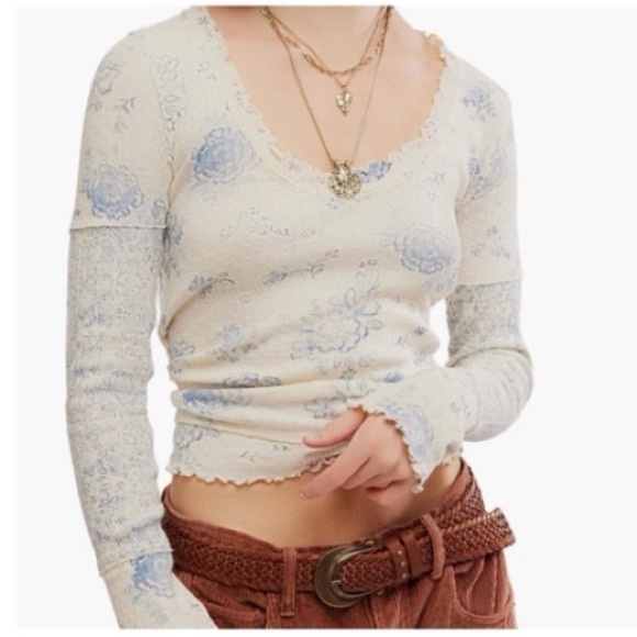 Free People Tops - Free People NWT Clover Floral Long Sleeve 100% Cotton Thermal Top size medium